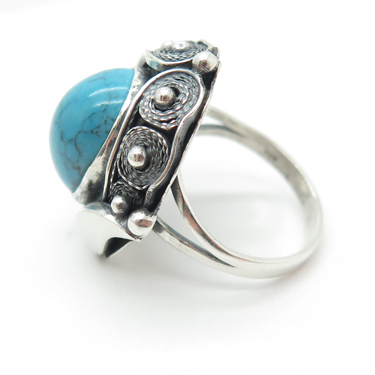 925 Sterling Silver Vintage Bisbee Turquoise Filigree Oxidized Ring Size 8.75