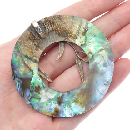 925 Sterling Silver Vintage Real Abalone Shell Floral Disc Modernist Pendant