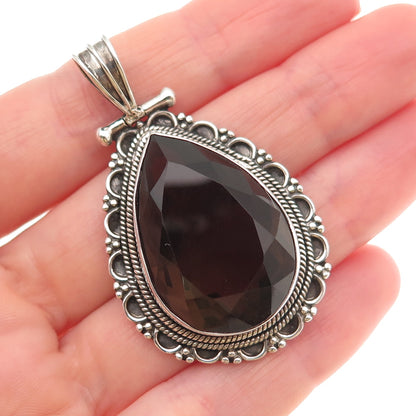 925 Sterling Silver Vintage Real Smoky Quartz Modernist Oxidized Pendant