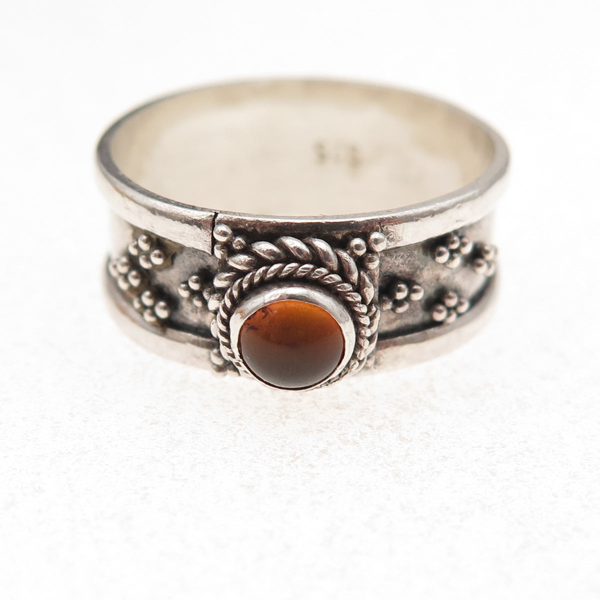 925 Sterling Silver Vintage Real Amber Granulated Oxidized Band Ring Size 8.75