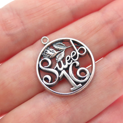 WELLS 925 Sterling Silver Vintage Sweet 16 Oxidized Minimalist Charm Pendant
