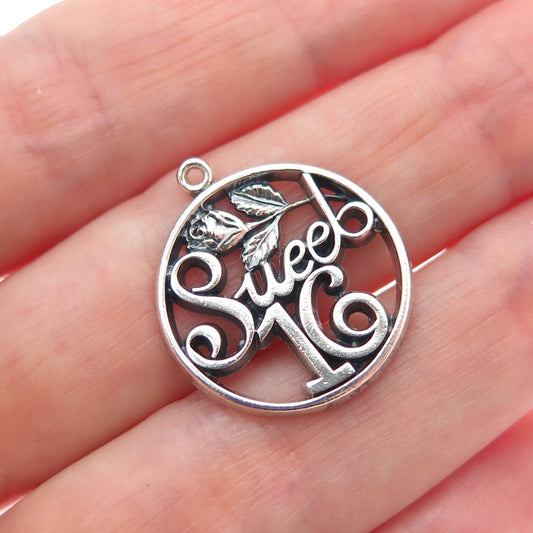 WELLS 925 Sterling Silver Vintage Sweet 16 Oxidized Minimalist Charm Pendant