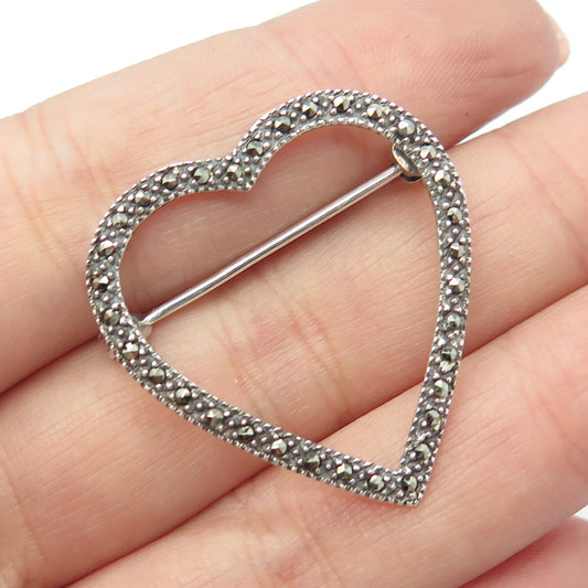 925 Sterling Silver Vintage Real Marcasite Heart Pin Brooch