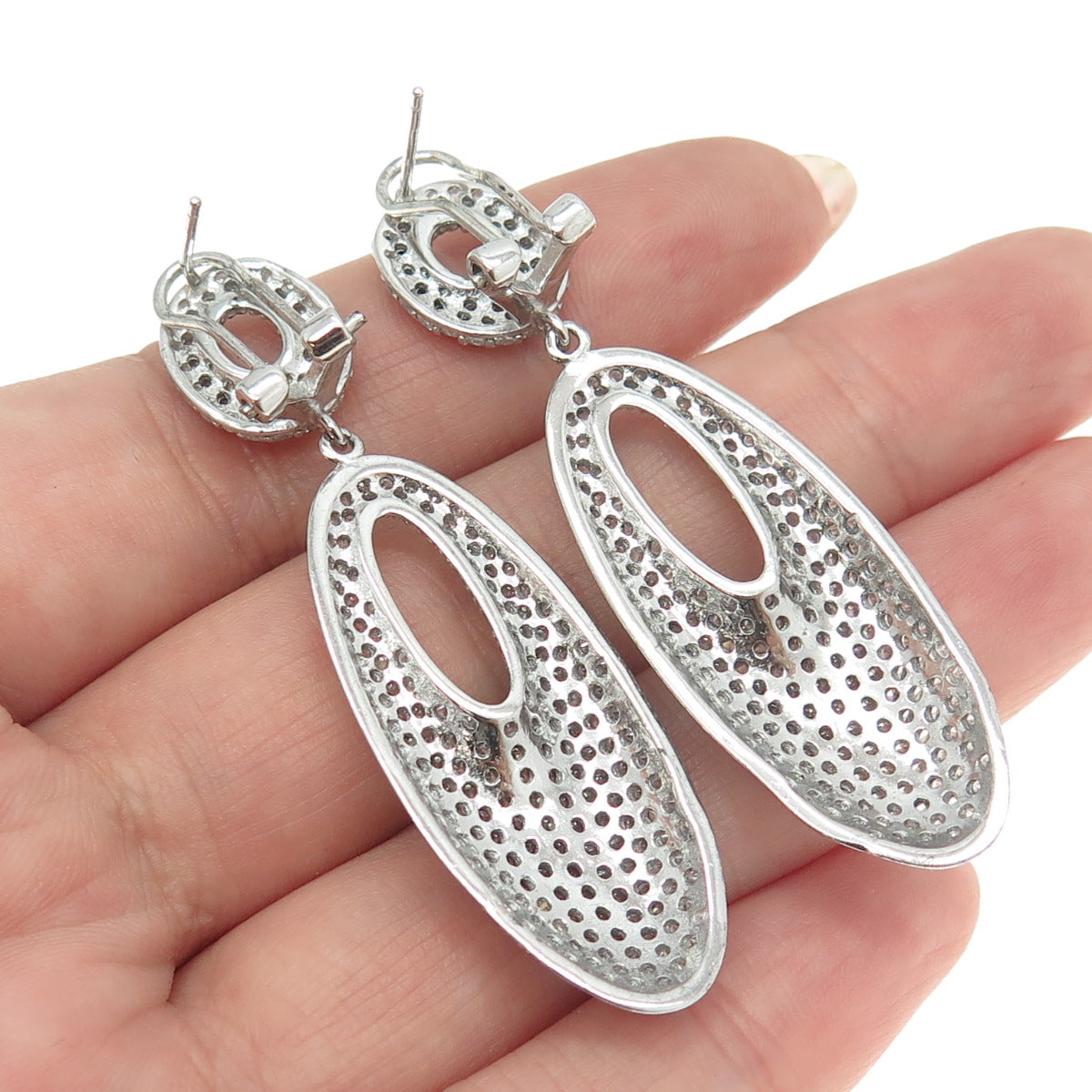 925 Sterling Silver Round-Cut C Z Oval Dangling Omega Back Earrings