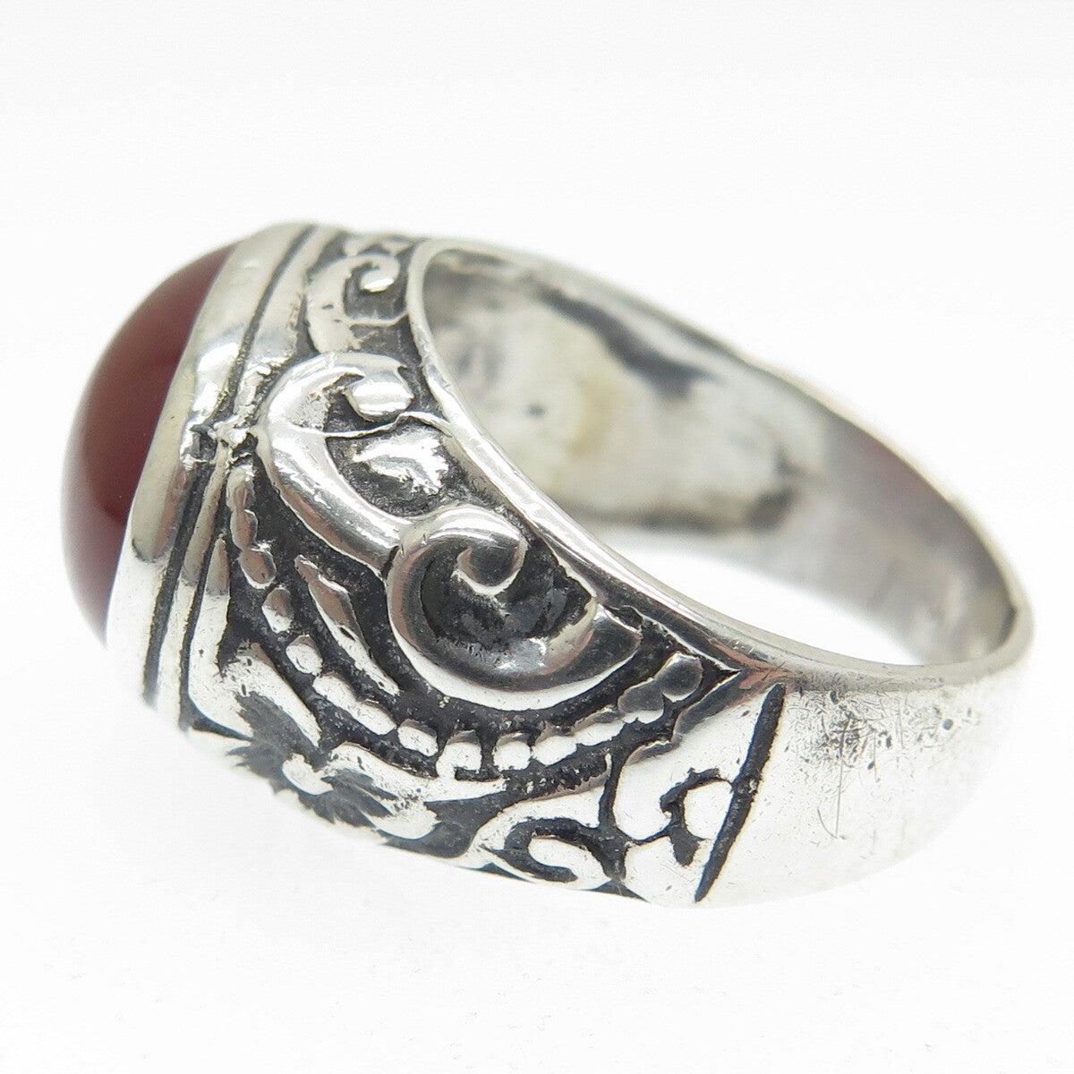 925 Sterling Silver Vintage Real Carnelian Flower Oxidized Ring Size 7