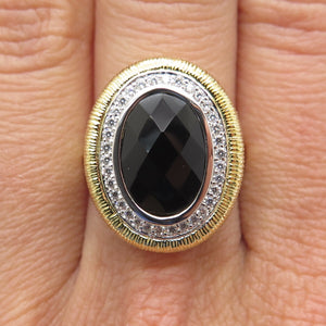 FADI 925 Sterling Silver 2-Tone Real Black Onyx & C Z Ring Size 7
