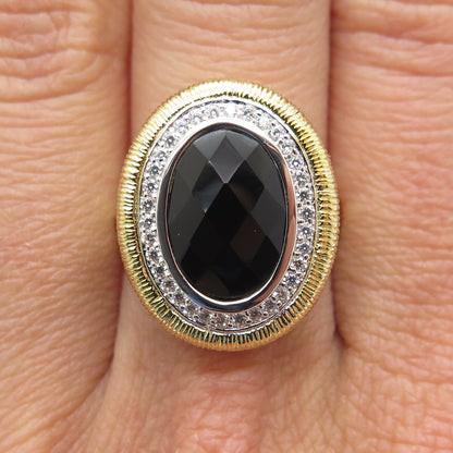 FADI 925 Sterling Silver 2-Tone Real Black Onyx & C Z Ring Size 7