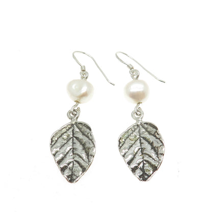 BILI 925 Sterling Silver Vintage Real Pearl  Floral Leaf Oxidized Earrings