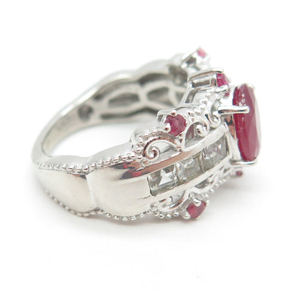 925 Sterling Silver Real Ruby & White Topaz Bohemian Ring Size 7