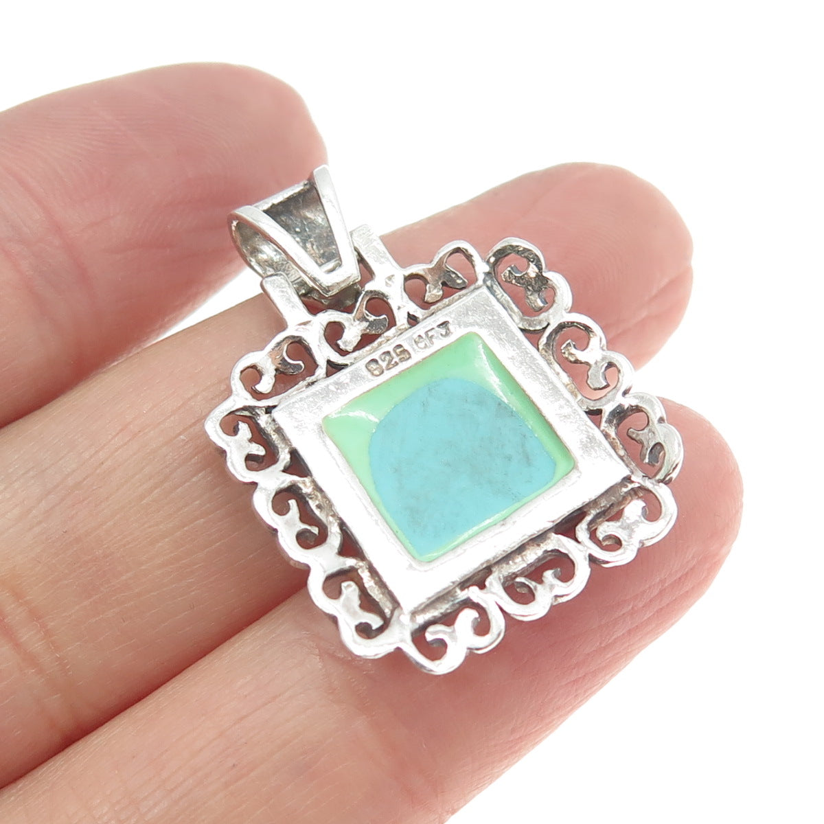 925 Sterling Silver Vintage Real Turquoise Ornate Square Pendant