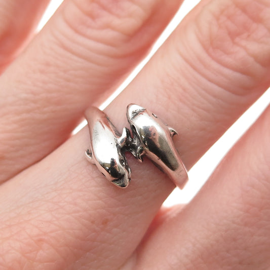 925 Sterling Silver Vintage Dolphin Couple Oxidized Bypass Ring Size 6.5