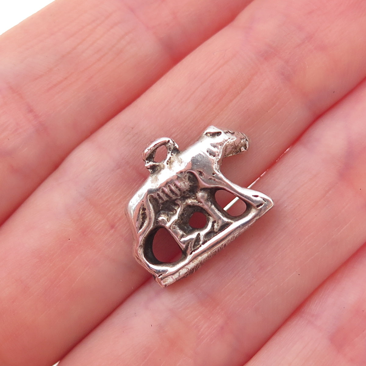 800 Silver Antique Art Deco Capitoline She-Wolf Oxidized 3D Charm Pendant