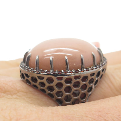 DSMK 925 Sterling Silver Black Rhodium Smoky Chalcedony & Red Garnet Ring Size 7