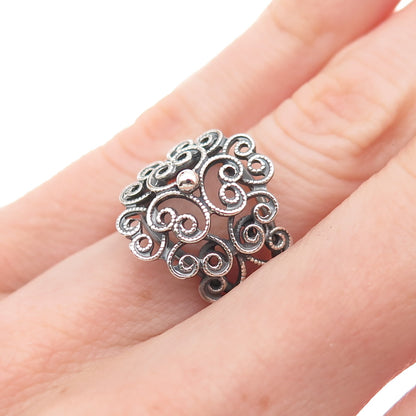 Beau Sterling Silver Antique Art Deco Heart Filigree Adjustable Ring Size 6.25