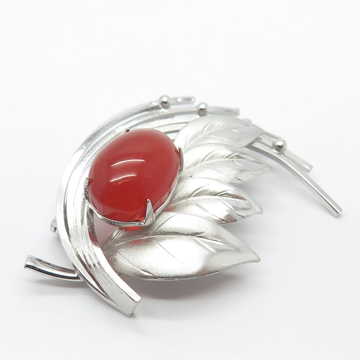 Silver-Tone Antique Real Carnelian Gemstone Leaf Pin Brooch