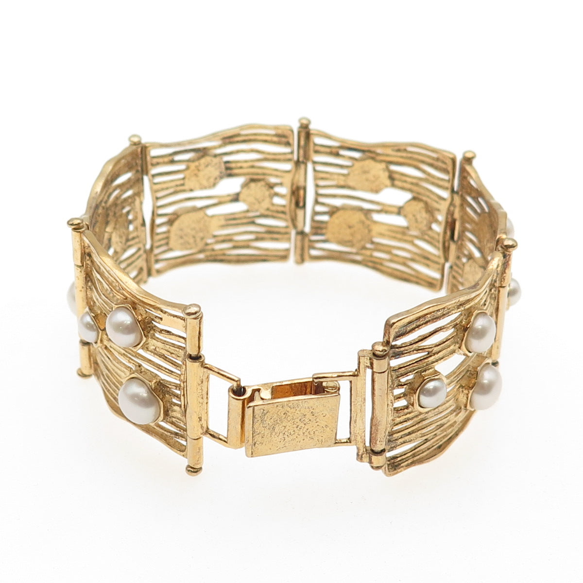 LIRM Sterling Gold Plated Vintage Israel Real Pearl Panel Link Bracelet 6.75"