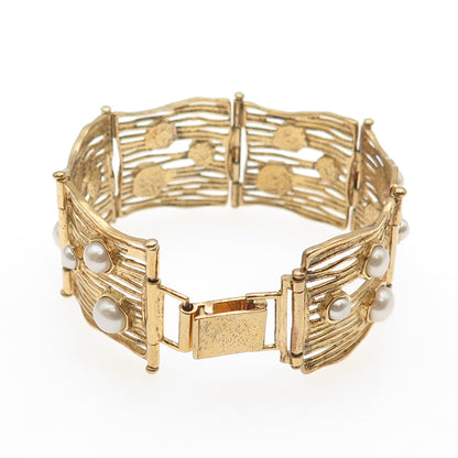 LIRM Sterling Gold Plated Vintage Israel Real Pearl Panel Link Bracelet 6.75"