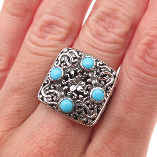 925 Sterling Silver Vintage Real Turquoise Floral Oxidized Ring Size 7