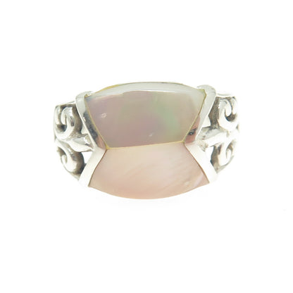 925 Sterling Silver Vintage Real Mother-of-Pearl Fleur-de-Lis Ring Size 7.25