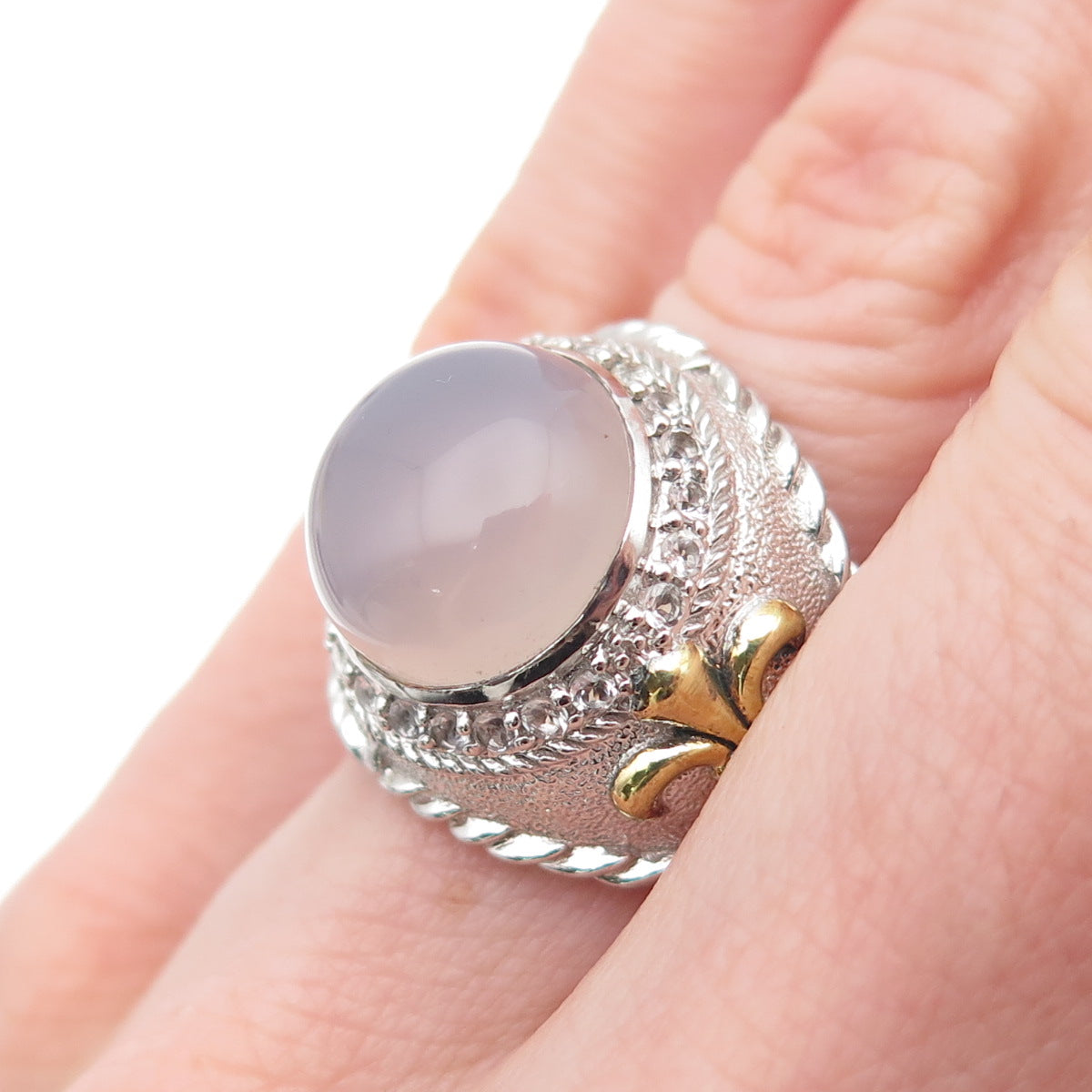 925 Sterling Silver 2-Tone Real Moonstone & White Topaz Ring Size 6