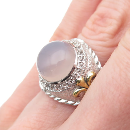 925 Sterling Silver 2-Tone Real Moonstone & White Topaz Ring Size 6