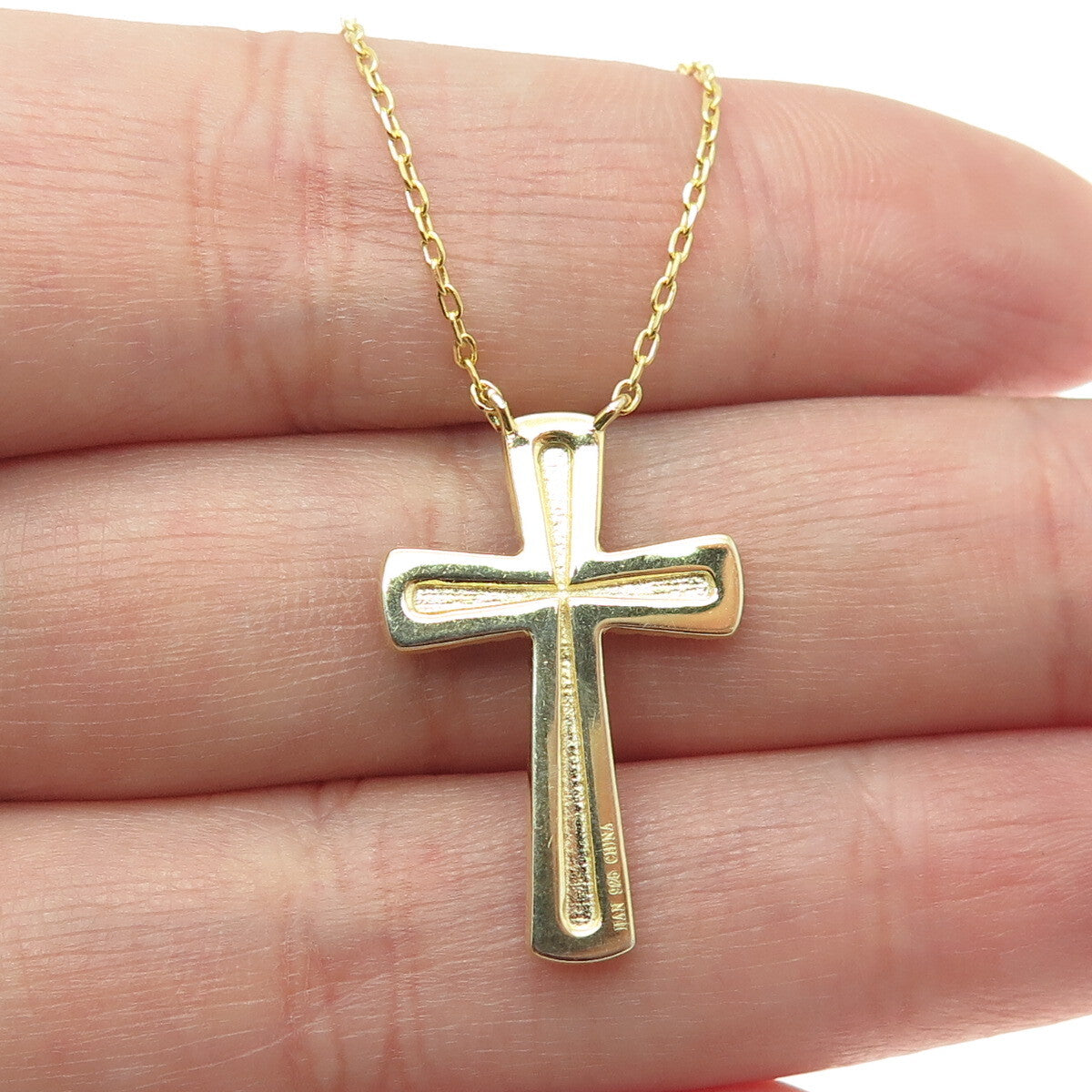 HAN 925 Sterling Silver Gold Plated Real Diamond Cross Cable Chain Necklace 18"