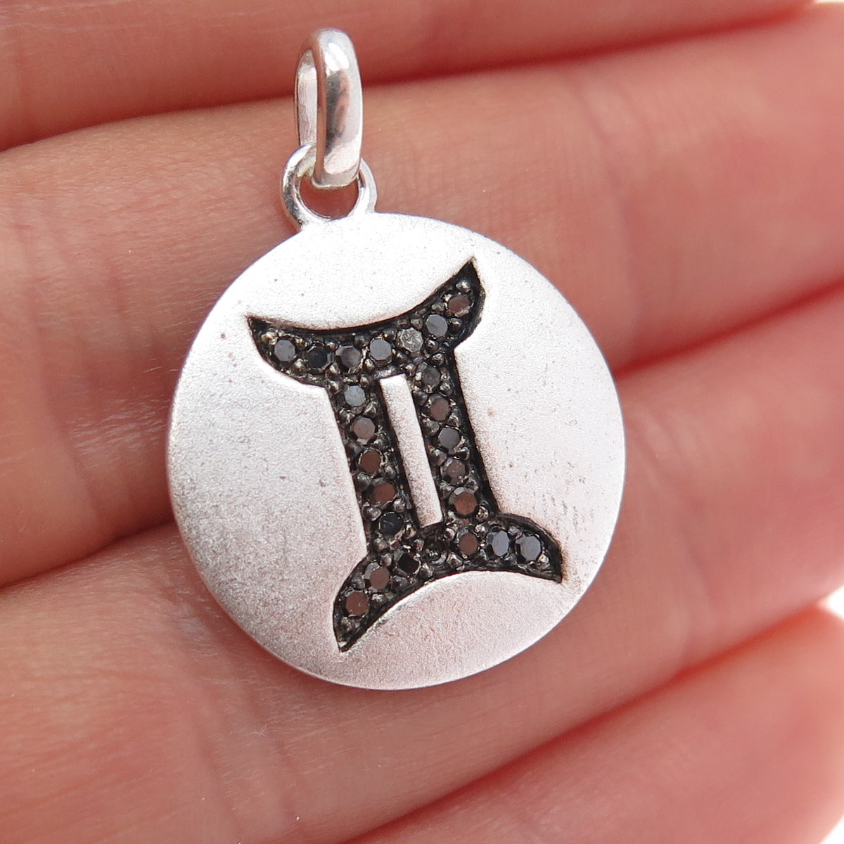 925 Sterling Silver Real Round-Cut Black Diamond Gemini Zodiac Charm Pendant