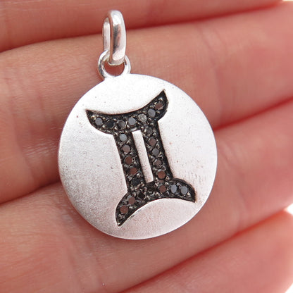 925 Sterling Silver Real Round-Cut Black Diamond Gemini Zodiac Charm Pendant