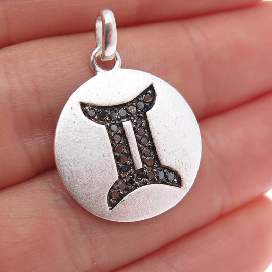 925 Sterling Silver Real Round-Cut Black Diamond Gemini Zodiac Charm Pendant
