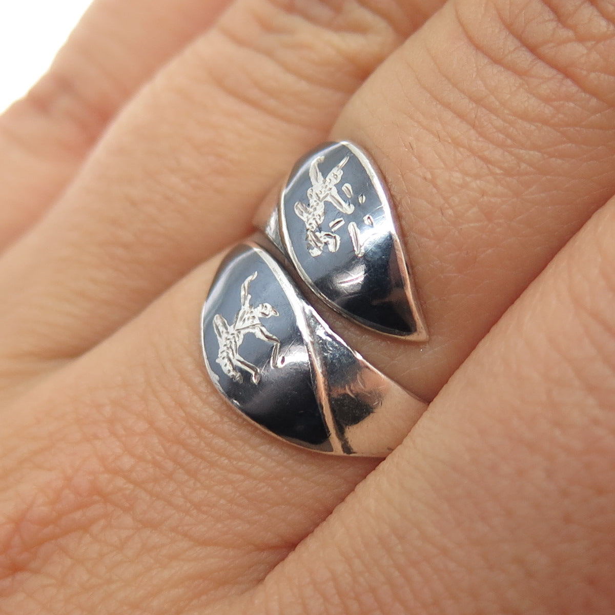 925 Sterling Silver Vintage Niello Hindu Goddess Adjustable Ring Size 7.25
