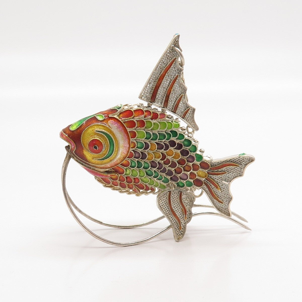 925 Sterling Silver Enamel Antique Articulated Chinese Koi Fish Chatelaine Fob