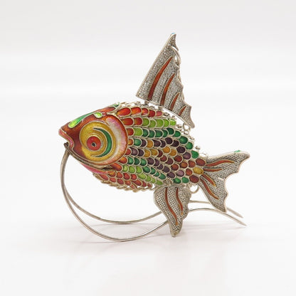 925 Sterling Silver Enamel Antique Articulated Chinese Koi Fish Chatelaine Fob