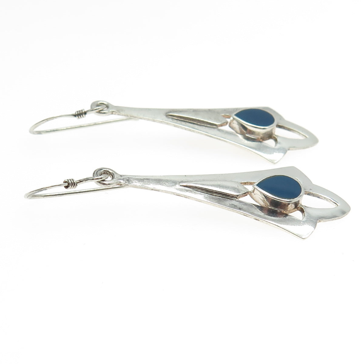 925 Sterling Silver Vintage Real Lapis Floral Dangling Earrings