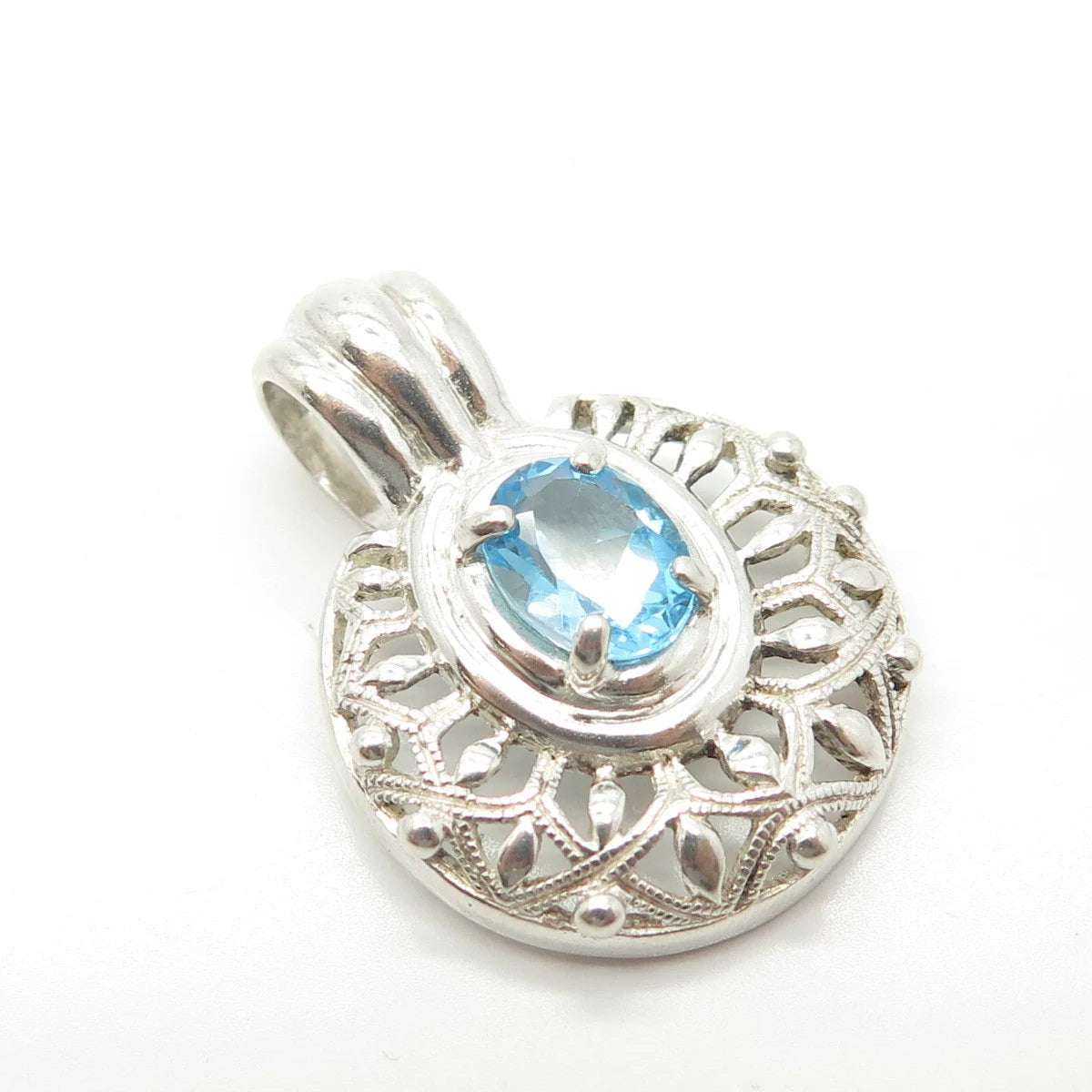 925 Sterling Silver Vintage Real Blue Topaz Gemstone Ornate Pendant