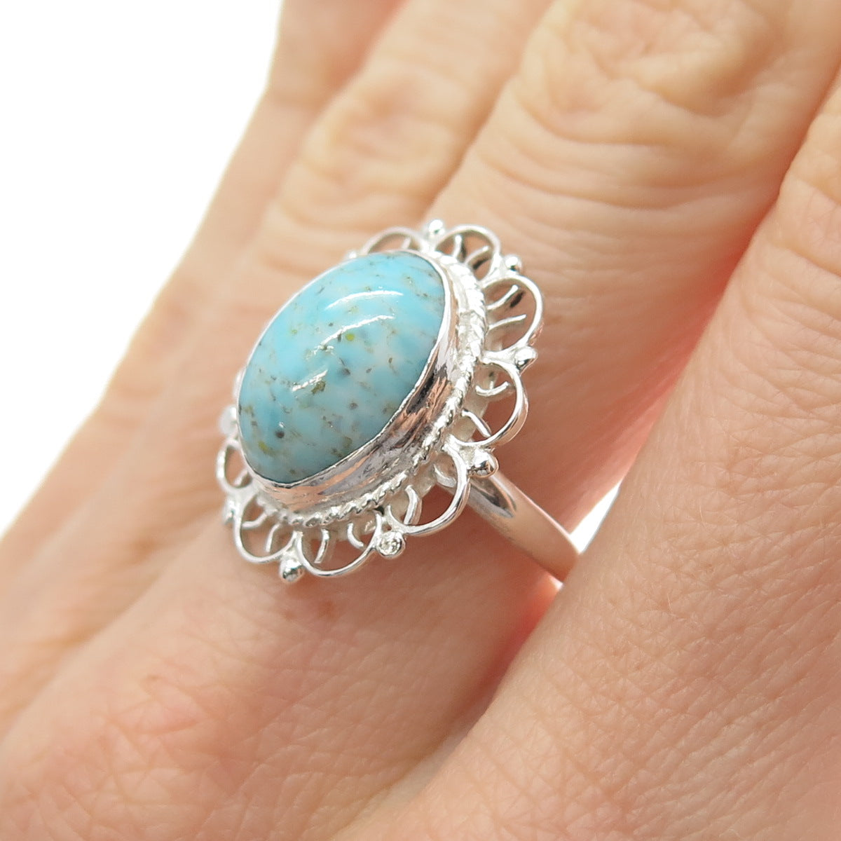 925 Sterling Silver Vintage Mexico Faux Turquoise Filigree Flower Ring Size 7.5