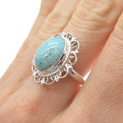 925 Sterling Silver Vintage Mexico Faux Turquoise Filigree Flower Ring Size 7.5