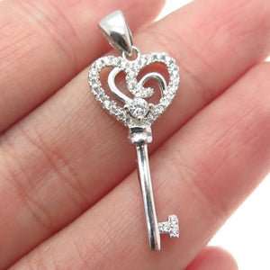 925 Sterling Silver Round-Cut C Z Heart Key Charm Pendant