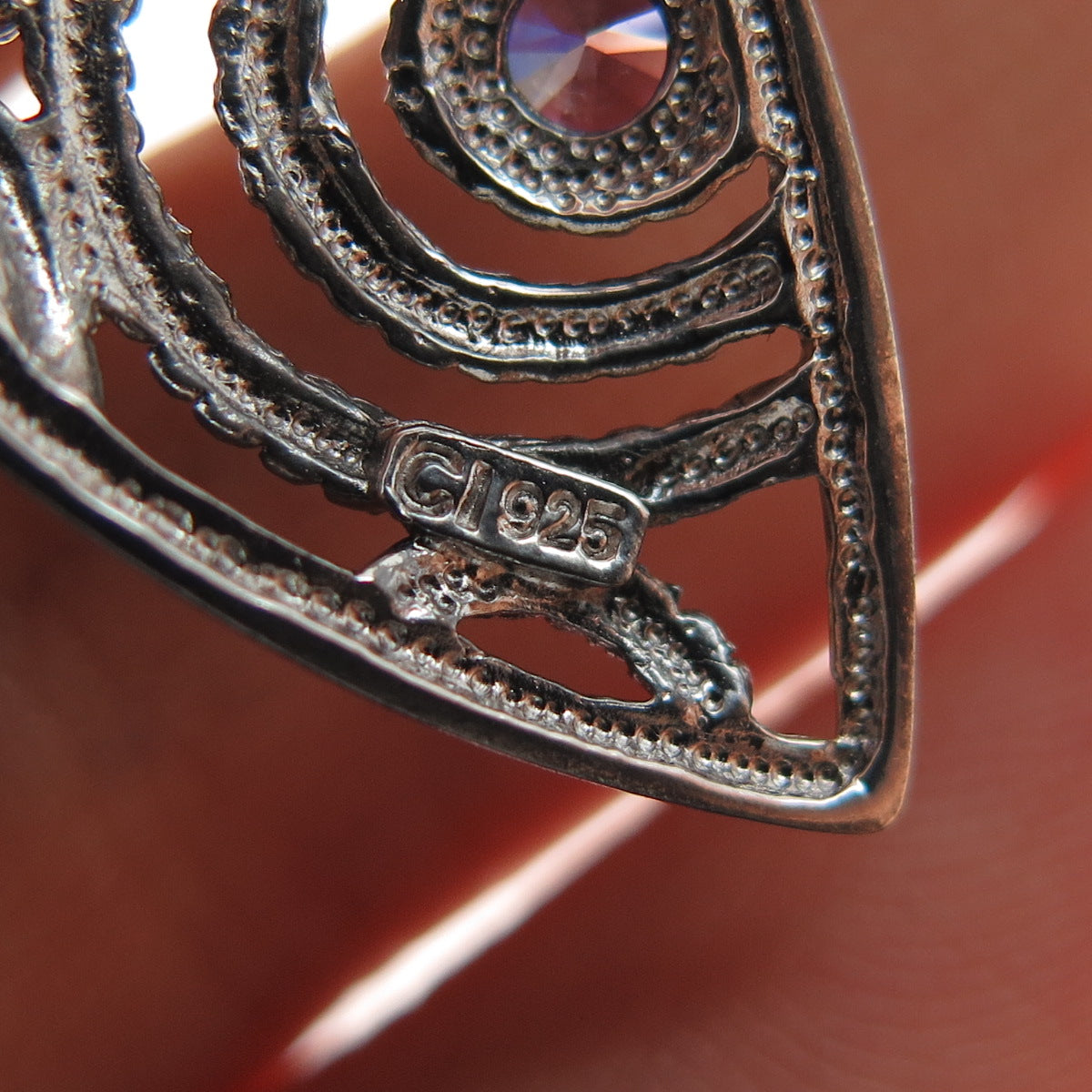 925 Sterling Silver Vintage Real Amethyst Ornate Oxidized Pendant