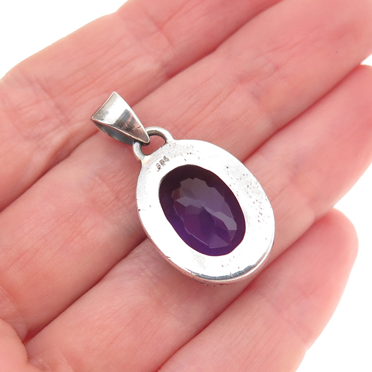925 Sterling Silver Vintage Real Oval-Cut Amethyst Charm Pendant