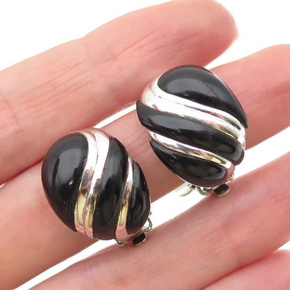 925 Sterling Silver Vintage Real Black Onyx Modernist Clip On Earrings