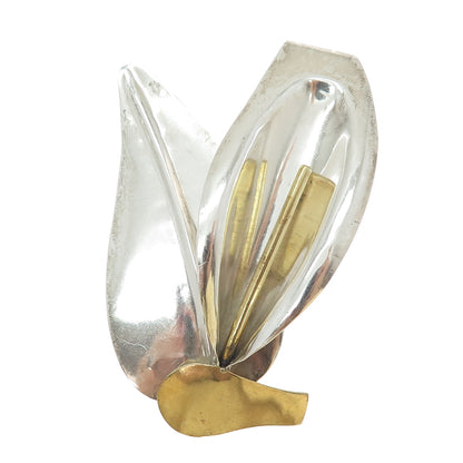 925 Sterling Silver 2-Tone Vintage Mexico Modernist Calla Lily Pin Brooch