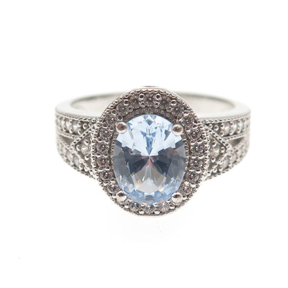 925 Sterling Silver Oval-Cut Blue & Round-Cut White C Z Ring Size 9