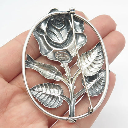 925 Sterling Silver Vintage Danecraft Rose Floral Pin Brooch