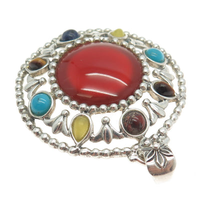 925 Sterling Vintage Real Carnelian Tiger Eye Turquoise Sodalite Jasper Pendant