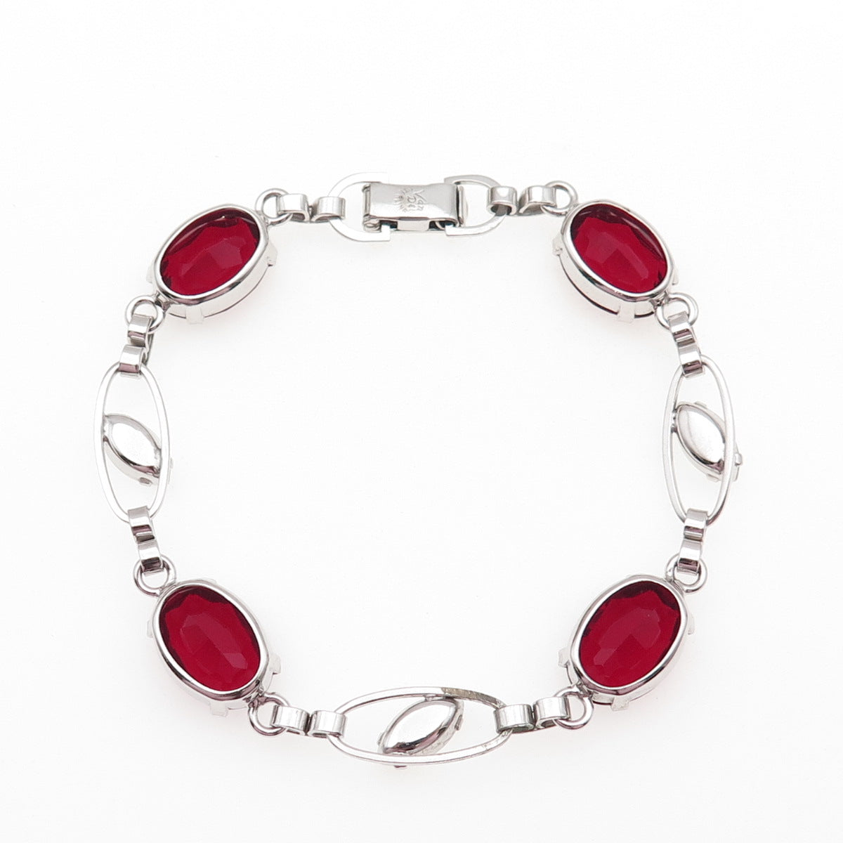 Van Dell 925 Sterling Silver Antique Art Deco Red & White Rhinestone Bracelet 7"