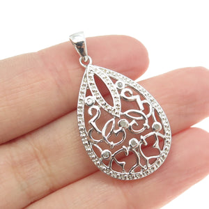925 Sterling Silver Real Round-Cut Diamond Ornate Teardrop Pendant