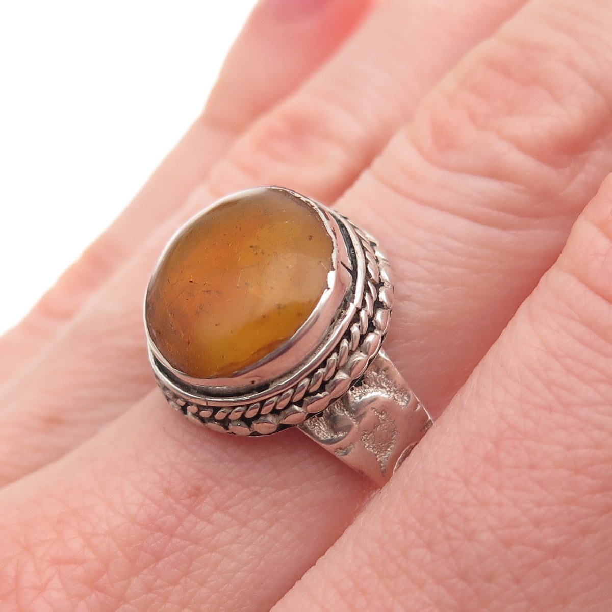 925 Sterling Silver Vintage Real Amber Modernist Oxidized Ring Size 6.5