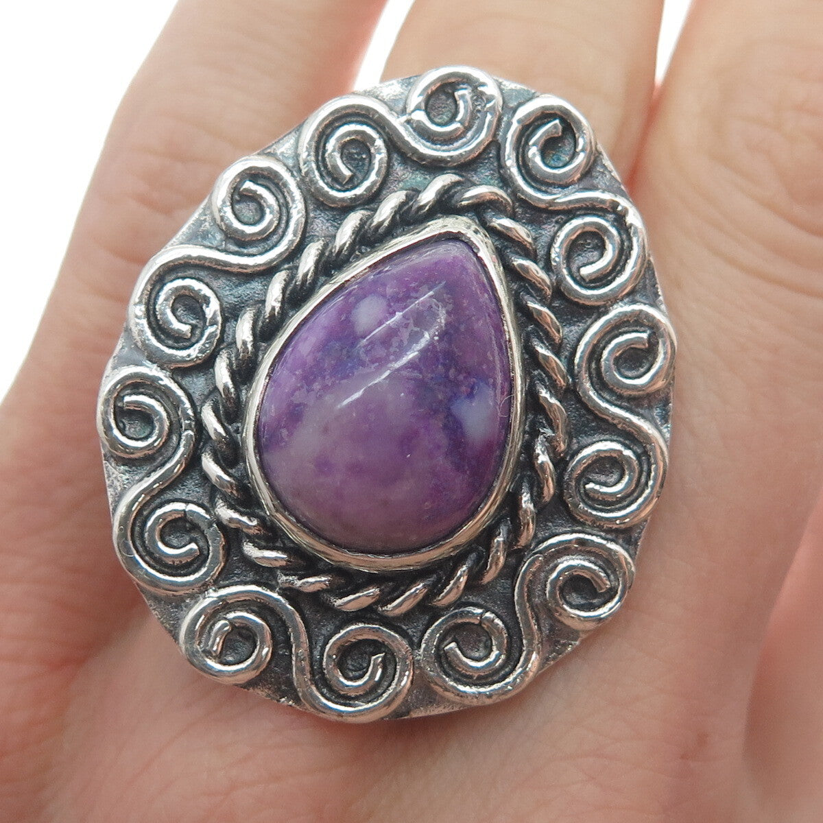 925 Sterling Silver Vintage Real Pear-Cut Charoite Spiral Oxidized Ring Size 8