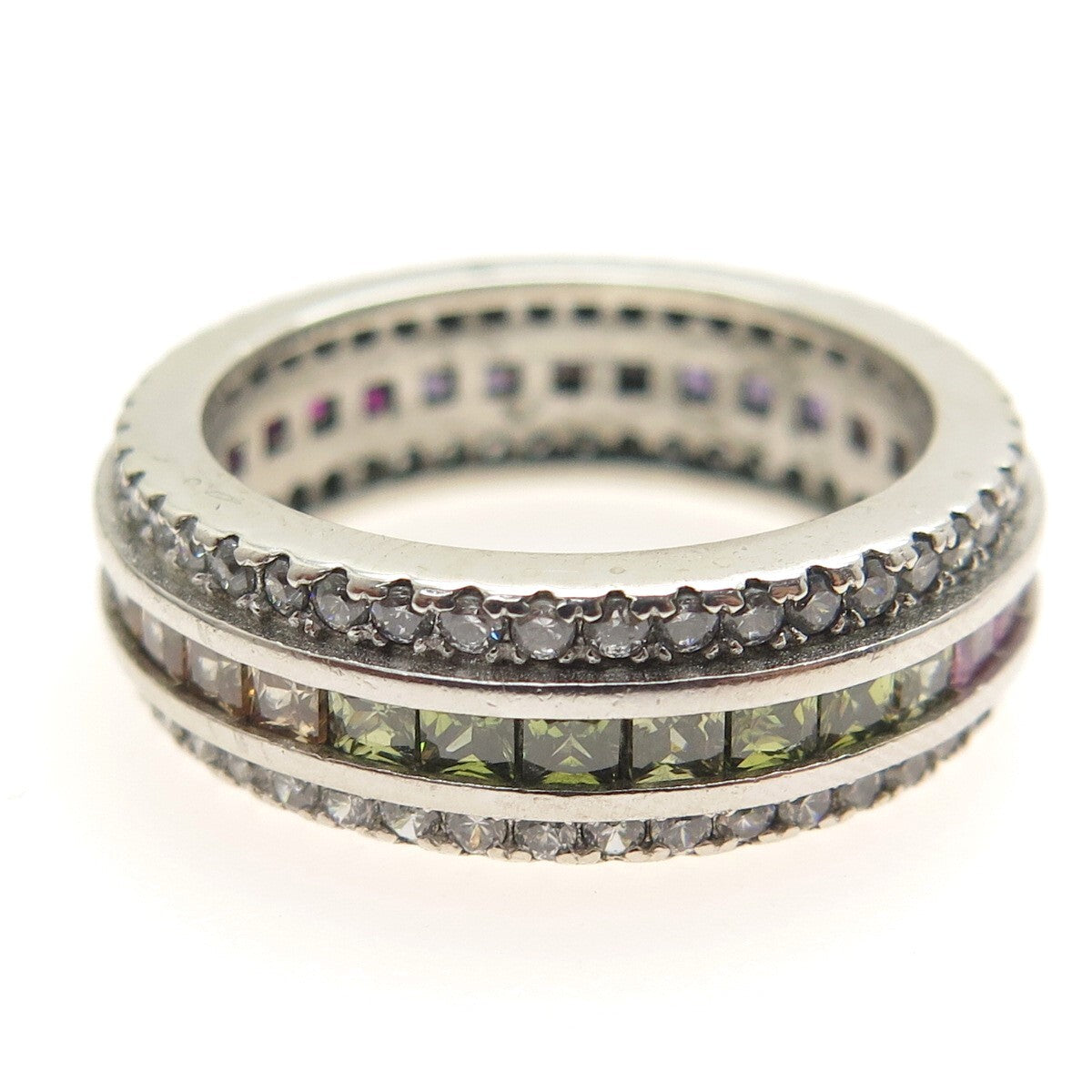 925 Sterling Silver Princess & Round-Cut Multi-Color C Z Eternity Ring Size 7.25
