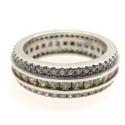 925 Sterling Silver Princess & Round-Cut Multi-Color C Z Eternity Ring Size 7.25